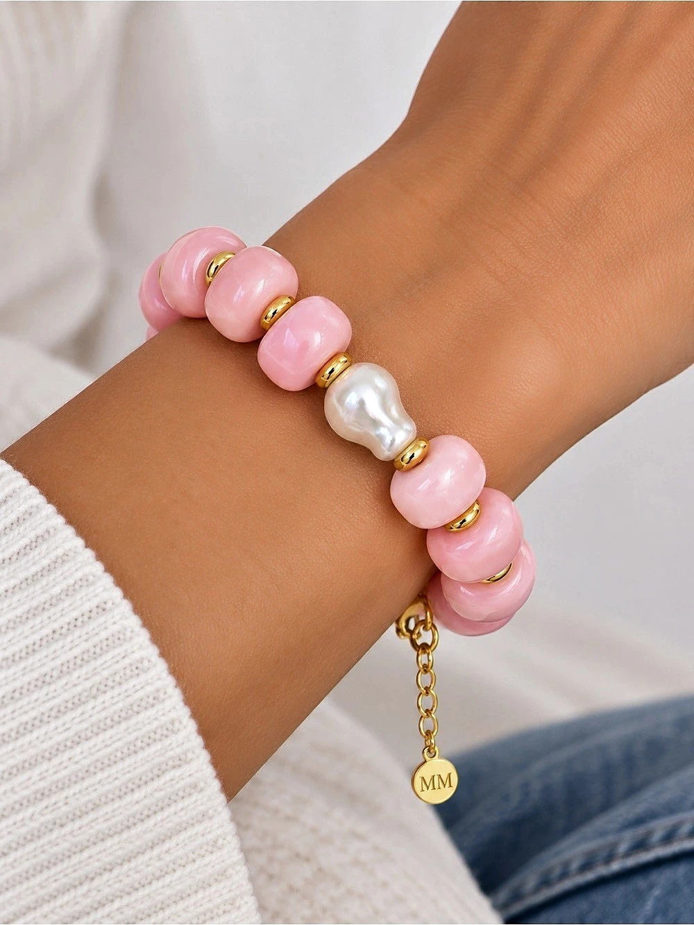 Mayamar Pink block & Gold Beaded Bracelet